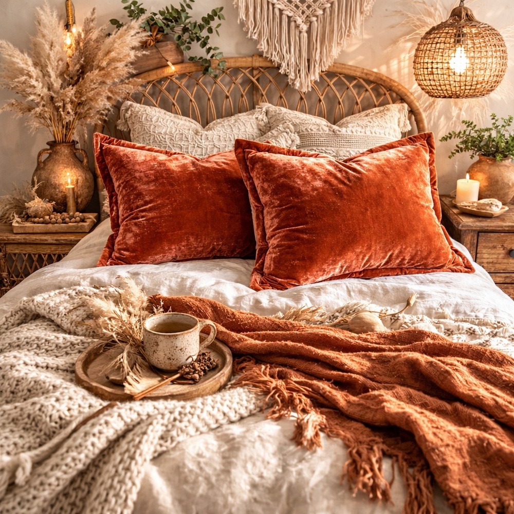 Set of 2 Quilted Velvet Pillow Shams Terracotta Rust Boho Bedding 20x26 Standard